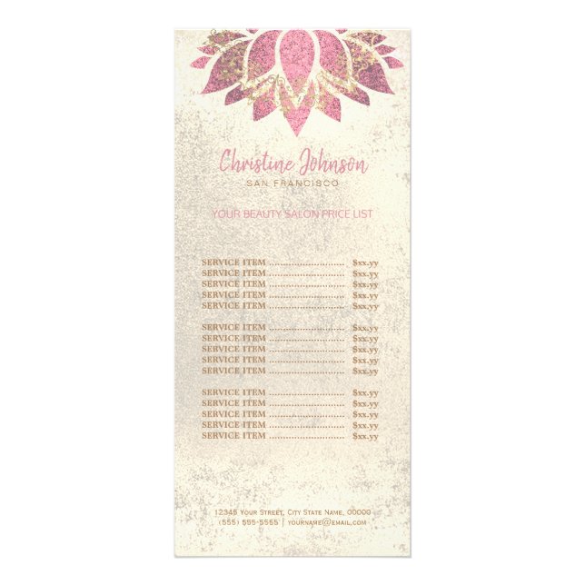 skincare aesthetician hot pink lotus on faux foil rack card (Front)