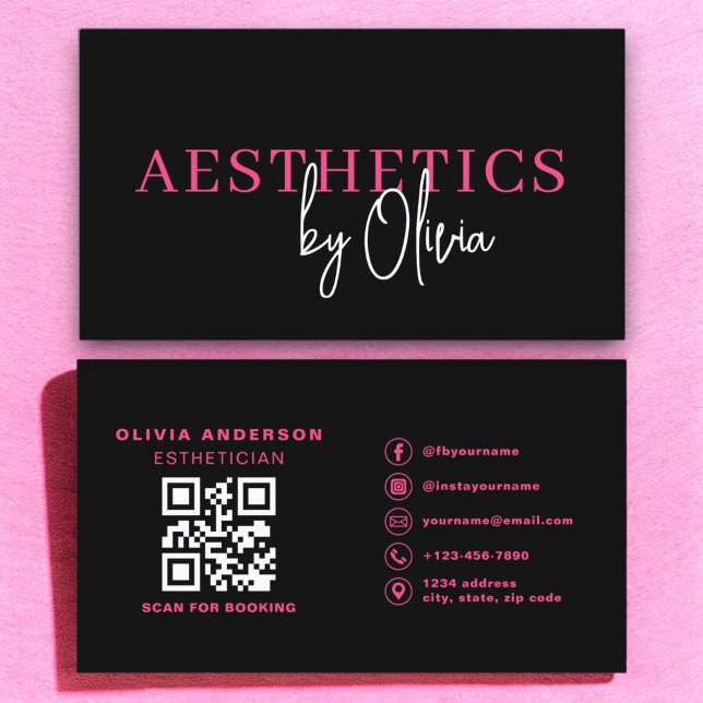 Skincare Aesthetician QR Code Hot Pink Black Business Card (Creator Uploaded)