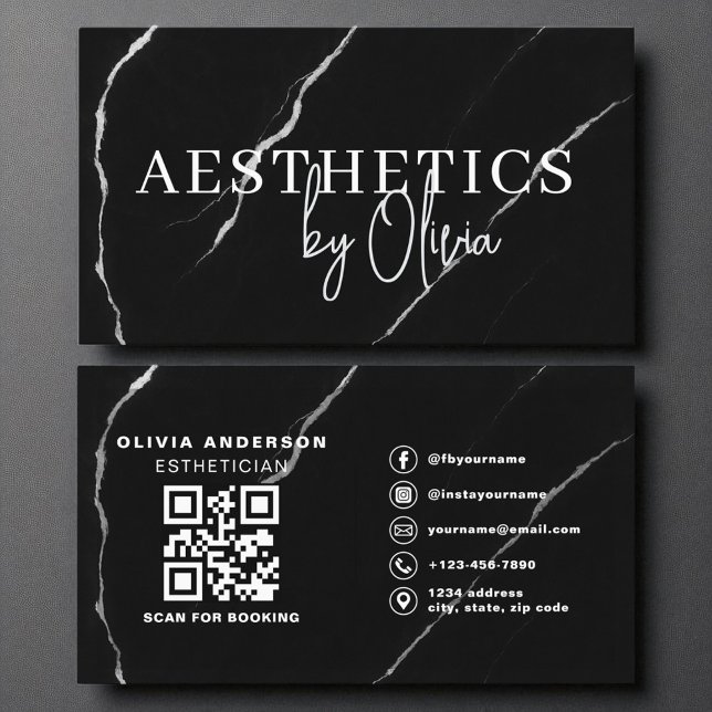Skincare Aesthetician QR Code Silver Black Marble Business Card (Creator Uploaded)