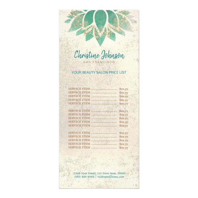 skincare aesthetician teal lotus on faux foil rack card (Front)