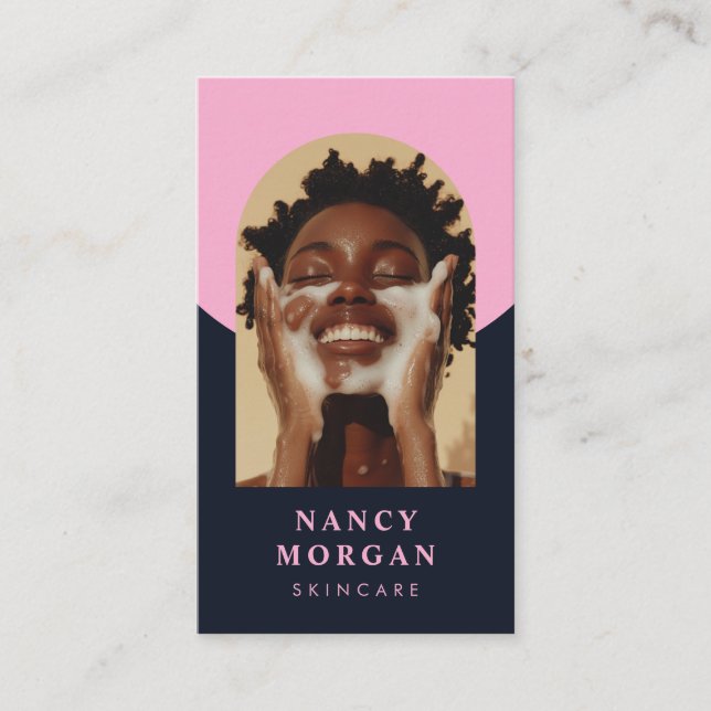 Skincare Arch Photo QR Code pink and navy  Business Card (Front)