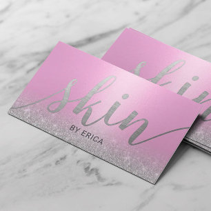 Skincare Salon Spa Aesthetician Modern Pink Silver Business Card
