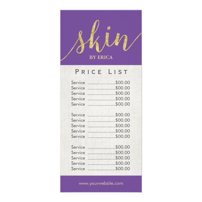 Skincare Salon Spa Aesthetician Purple Price List Rack Card (Front)