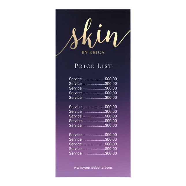Skincare Salon Spa Aesthetician Purple Price List Rack Card (Front)