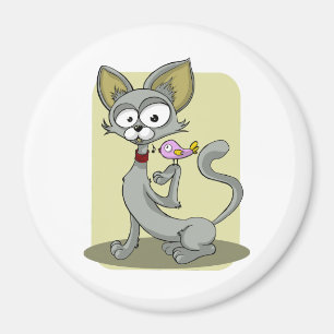 Skinny Cat and Pink Bird Magnet
