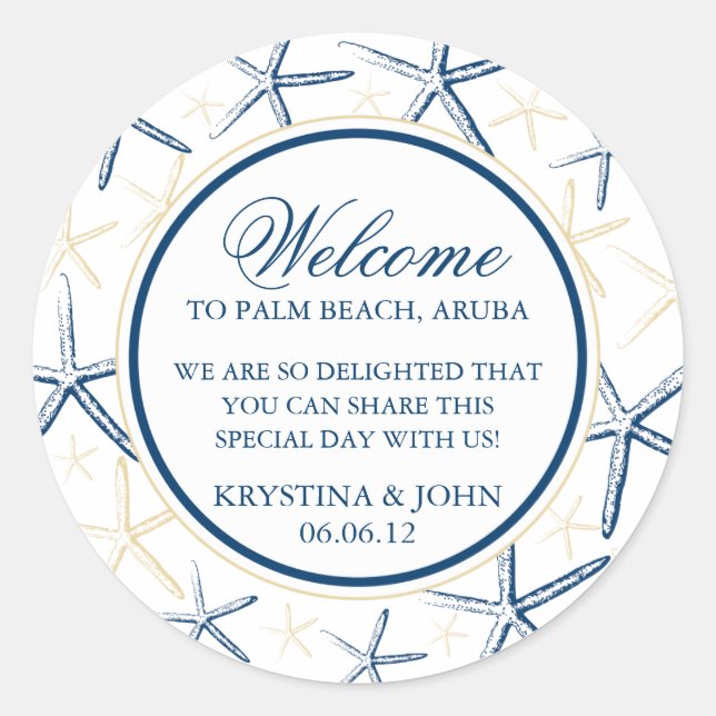 Skinny Finger Starfish Wedding Welcome Classic Round Sticker (Front)