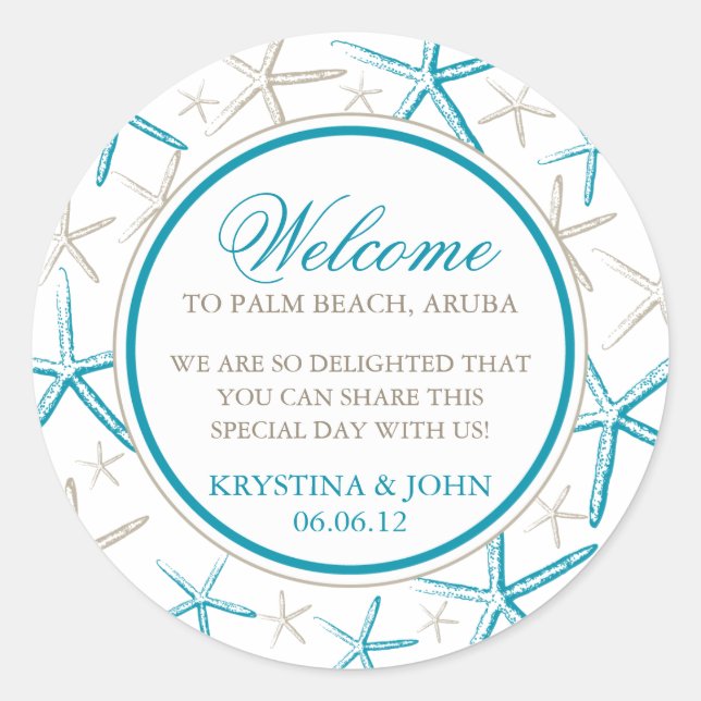 Skinny Finger Starfish Wedding Welcome Classic Round Sticker (Front)