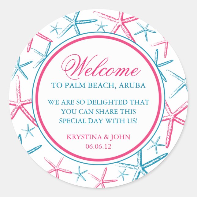 Skinny Finger Starfish Wedding Welcome Classic Round Sticker (Front)