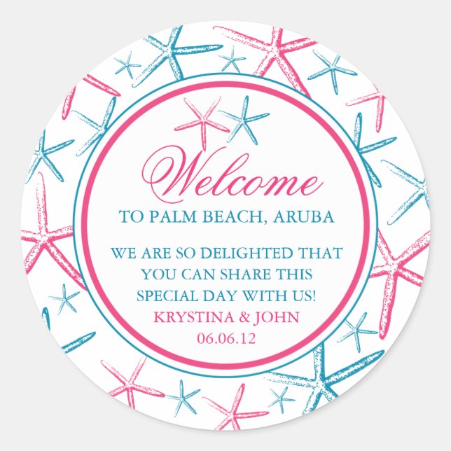 Skinny Finger Starfish Wedding Welcome Classic Round Sticker (Front)