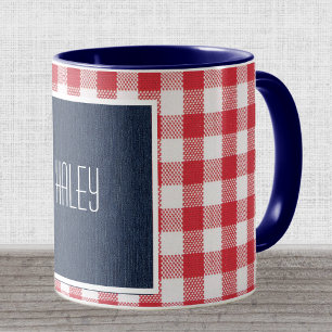 Skinny Font Drk Blue Denim Red White Gingham Check Mug