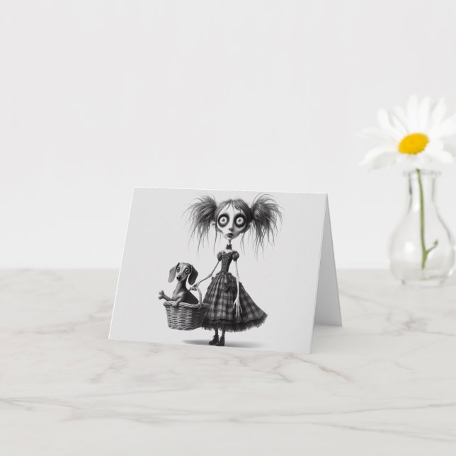 Skinny Goth Girl and Dog Any Occasion Card (Small Plant)