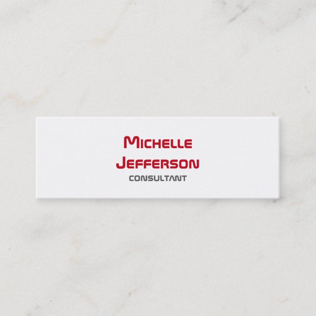 Skinny Modern Plain Red White Mini Business Card (Front)