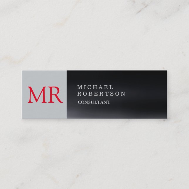 Skinny monogram red grey modern mini business card (Front)