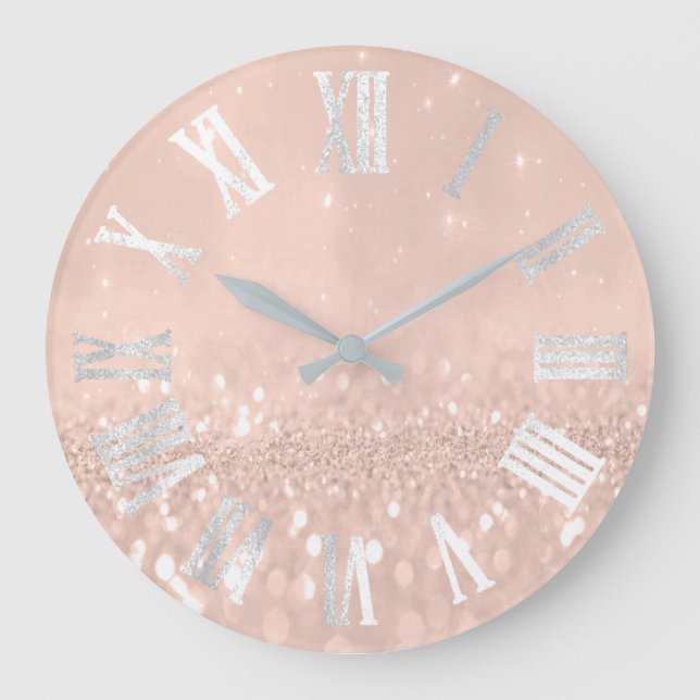 Skinny Peach Rose Glitter Metallic Roman Numers Large Clock (Front)
