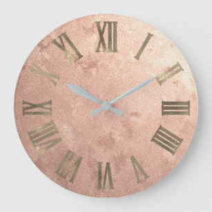 Skinny Rose Gold Copper Grungy Bronze Roman Numers Large Clock