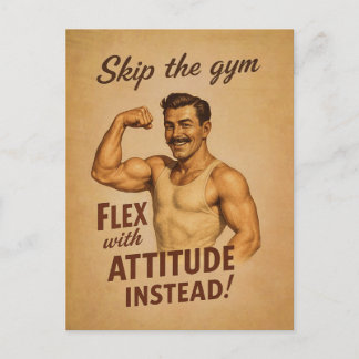 Skip the Gym Flex with Attitude Retro Strongman Po Postcard