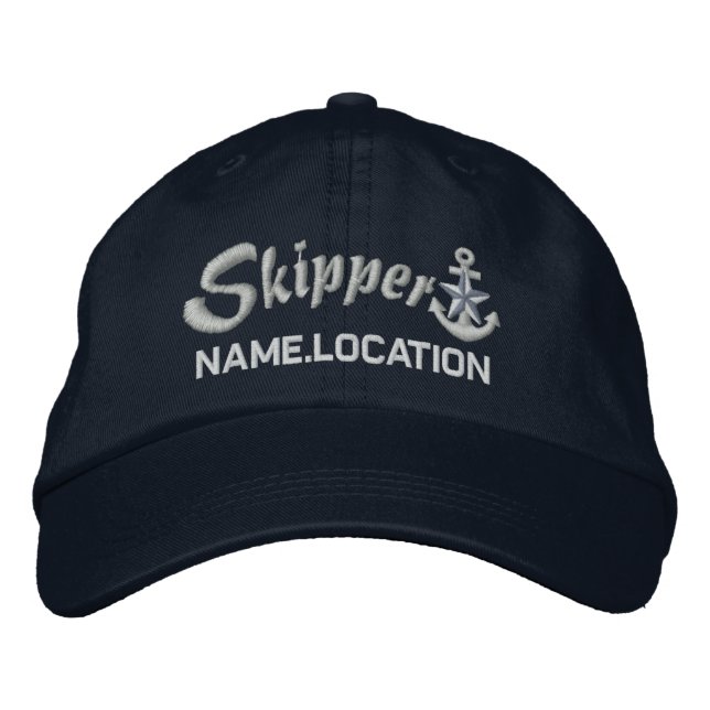 Skipper Customisable Your Name Silver Star Anchor Embroidered Hat (Front)