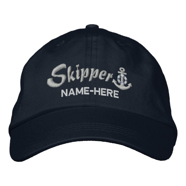 Skipper Personalise Your Name Silver Anchor Embroidered Hat (Front)