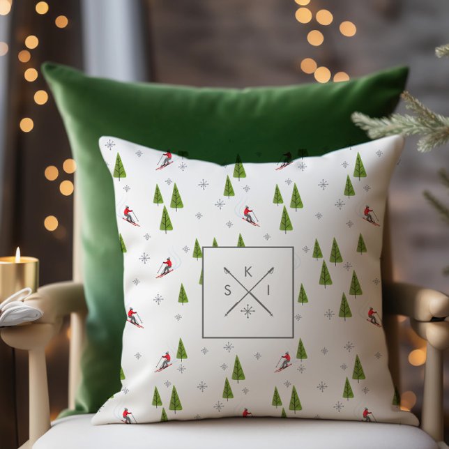 Skis and Pine Trees Poles Monogram Cushion (Creator Uploaded)