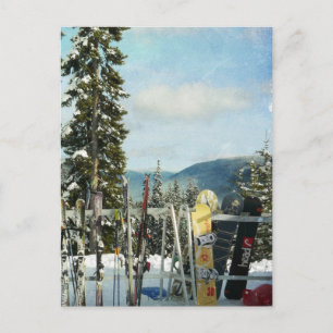 Skis and Snowboards on Mountain Top Postcard