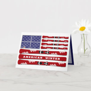 Skis and Snowflakes USA Flag for Winter Card