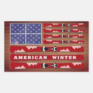 Skis and Snowflakes USA Flag with Wood Wall Rectangular Sticker
