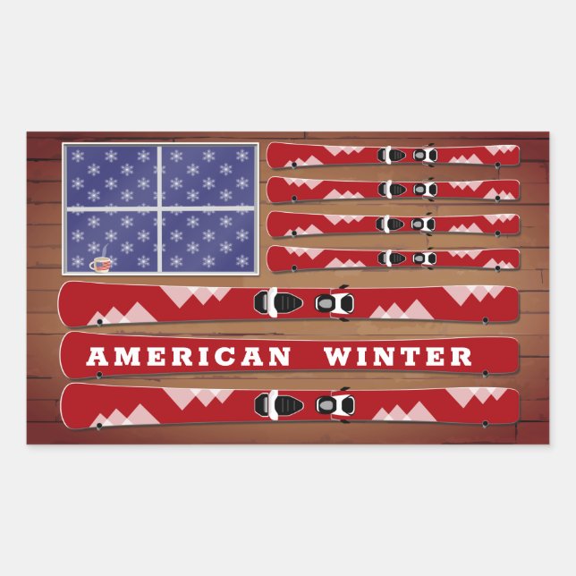 Skis and Snowflakes USA Flag with  Wood Wall Rectangular Sticker (Front)