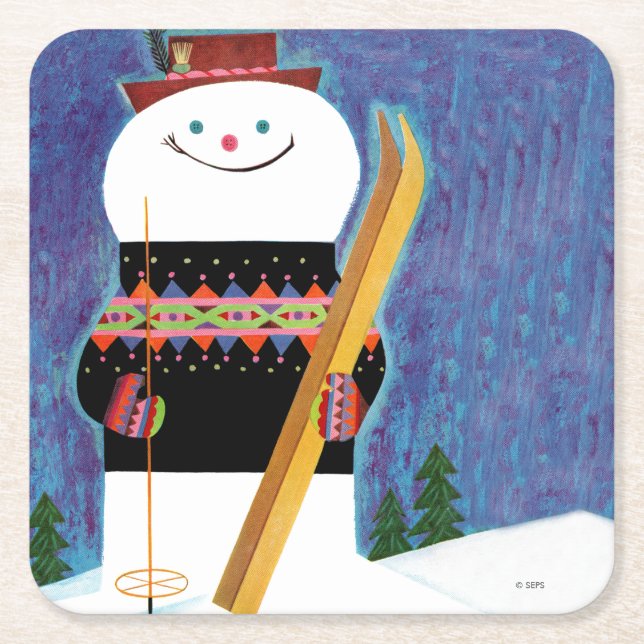 Skis for Snowman Square Paper Coaster (Front)