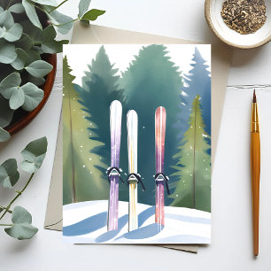 Skis in the Snow   Winter Forest Skier Watercolor Postcard