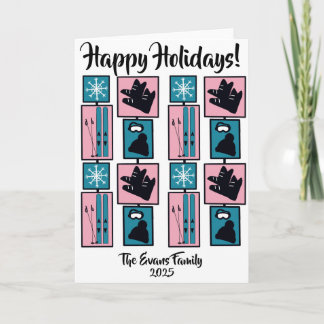 Skis & snowflakes on holiday card