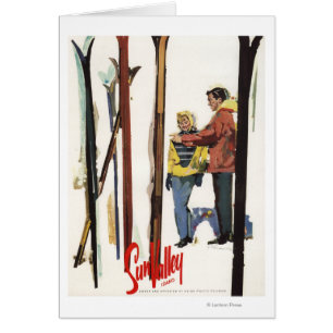 Skis Standing Up in Snow by Couple Poster