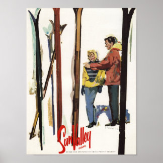 Skis Standing Up in Snow by Couple Poster