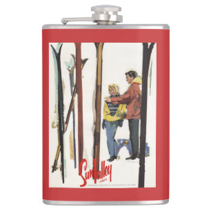 Skis Standing Up in Snow by Couple Poster Hip Flask