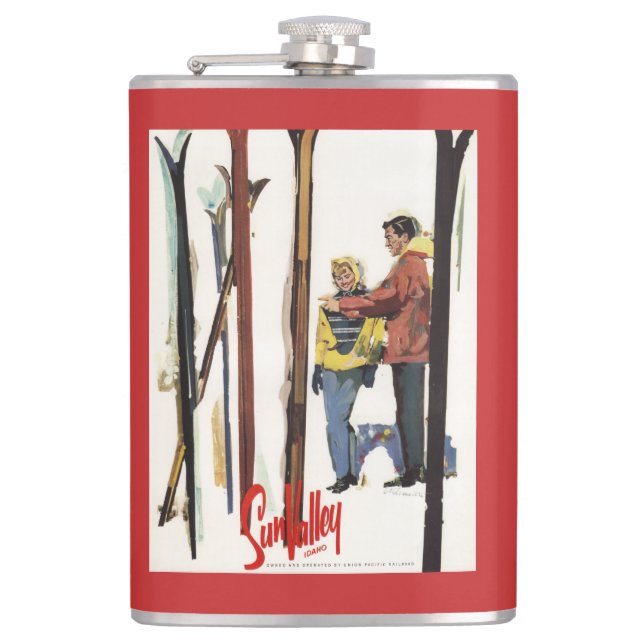 Skis Standing Up in Snow by Couple Poster Hip Flask (Front)