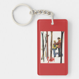 Skis Standing Up in Snow by Couple Poster Key Ring