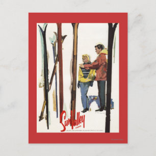 Skis Standing Up in Snow by Couple Poster Postcard