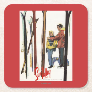 Skis Standing Up in Snow by Couple Poster Square Paper Coaster