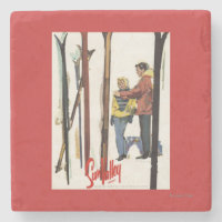 Skis Standing Up in Snow by Couple Poster