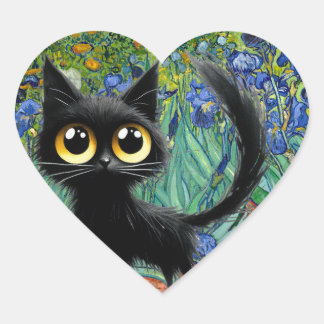 Skittish Black Cat in a field of Purple Irises Heart Sticker