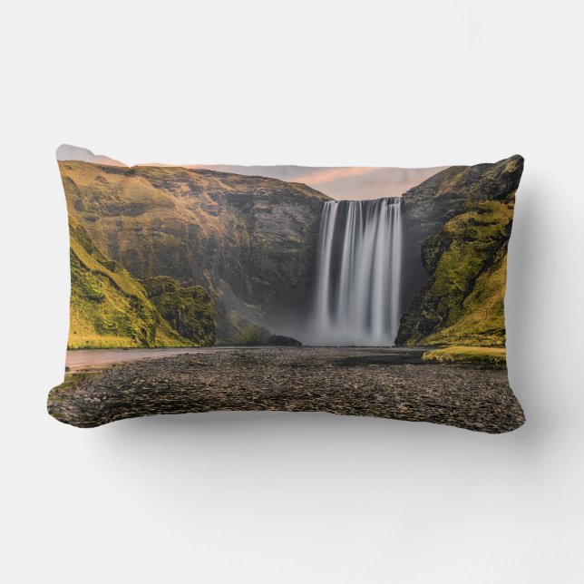 Skogafoss Waterfall in the Morning Sunrise Lumbar Cushion (Front)