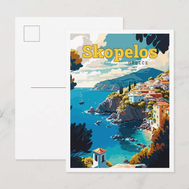 Skopelos Greece Travel Art Vintage Illustration Postcard (Front/Back)