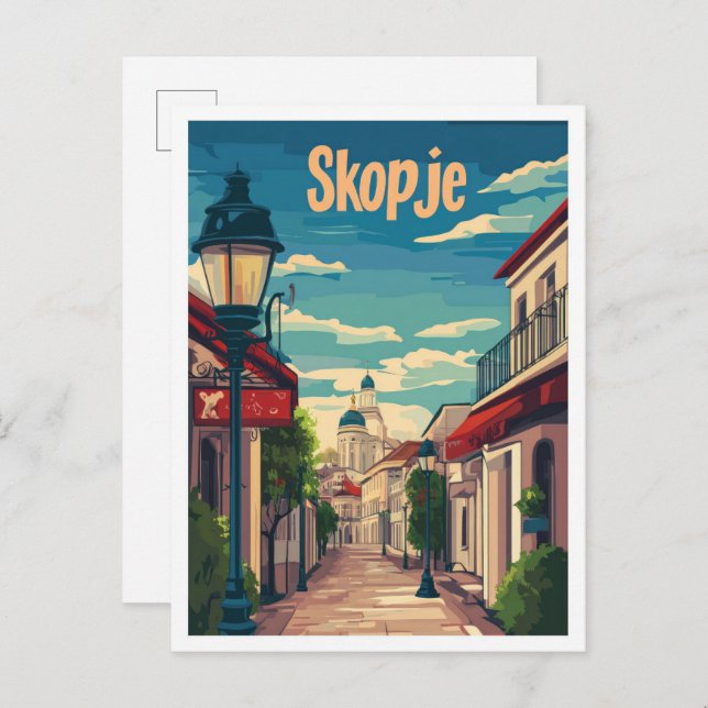 Skopje North Makedonia Vintage Travel Illustration Postcard (Front/Back)