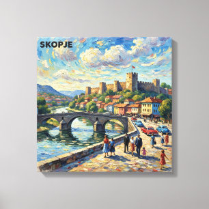 Skopje Stone Bridge and Fortress Canvas Art
