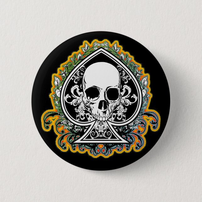 SKULL ACE OF SPADES 6 CM ROUND BADGE (Front)