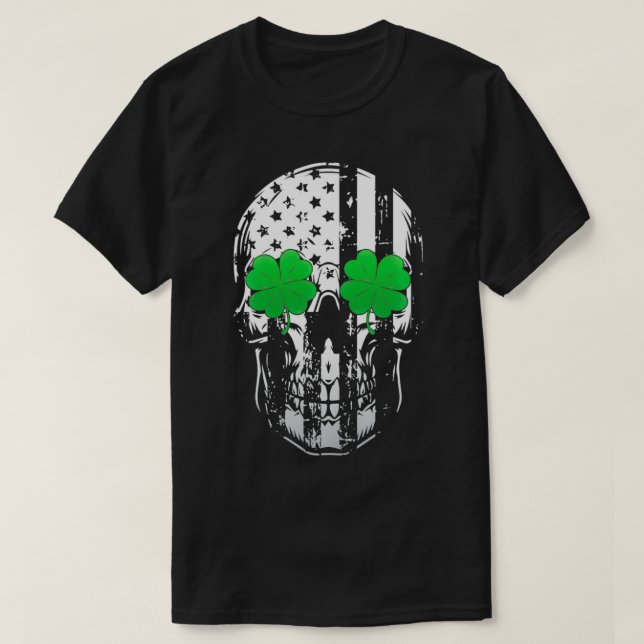 Skull American Flag Cool Shamrock St Patricks Day  T-Shirt (Design Front)
