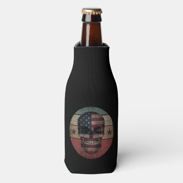 SKULL  AMERICAN FLAG PATRIOTIC GIFT BOTTLE COOLER (Bottle Front)