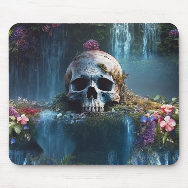 Skull among Waterfalls and Flowers Decoupage Mouse Mat (Front)