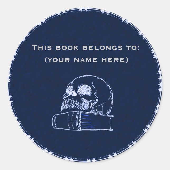Skull and a book, dark blue classic round sticker (Front)