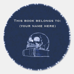Skull and a book, dark blue classic round sticker