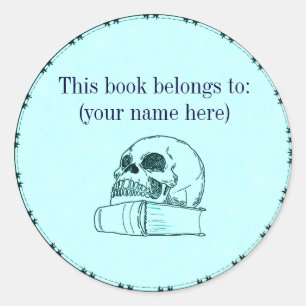 Skull and a book, light blue classic round sticker